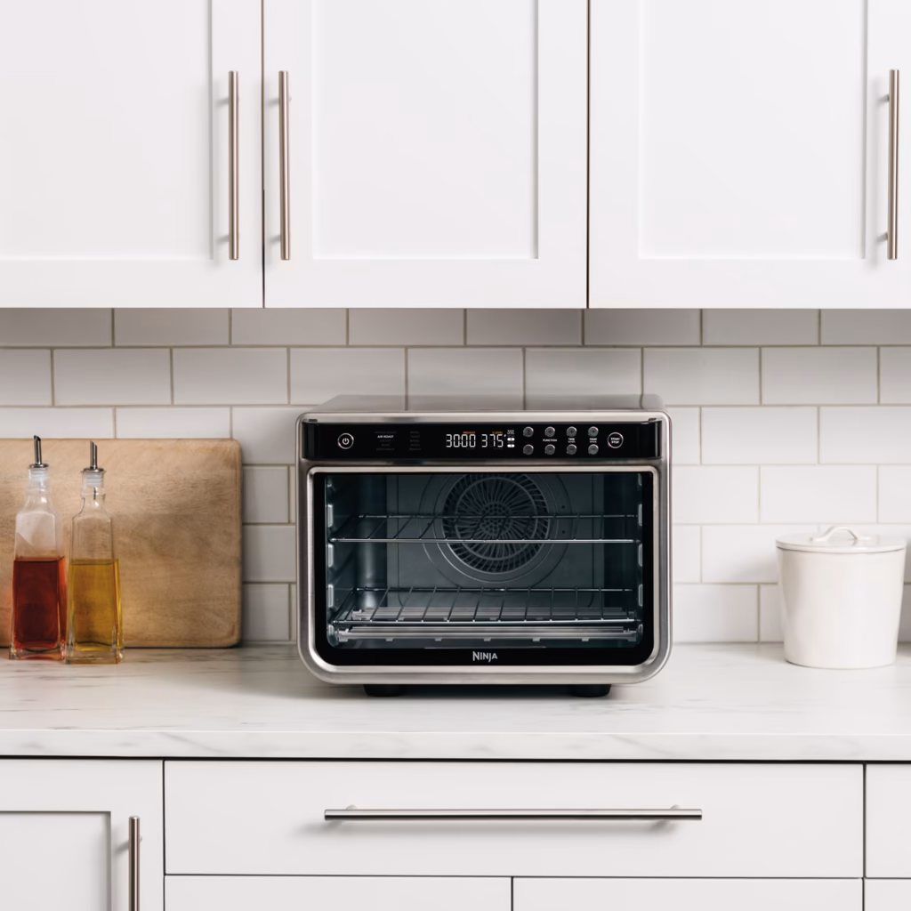 Ninja DT201C stainless steel oven sitting on a kitchen counter under the cabinets to show its countertop footprint