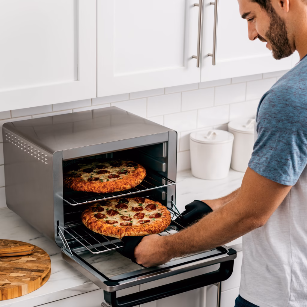 Ninja DT201C with two 12 inch pizzas cooking on two separate racks