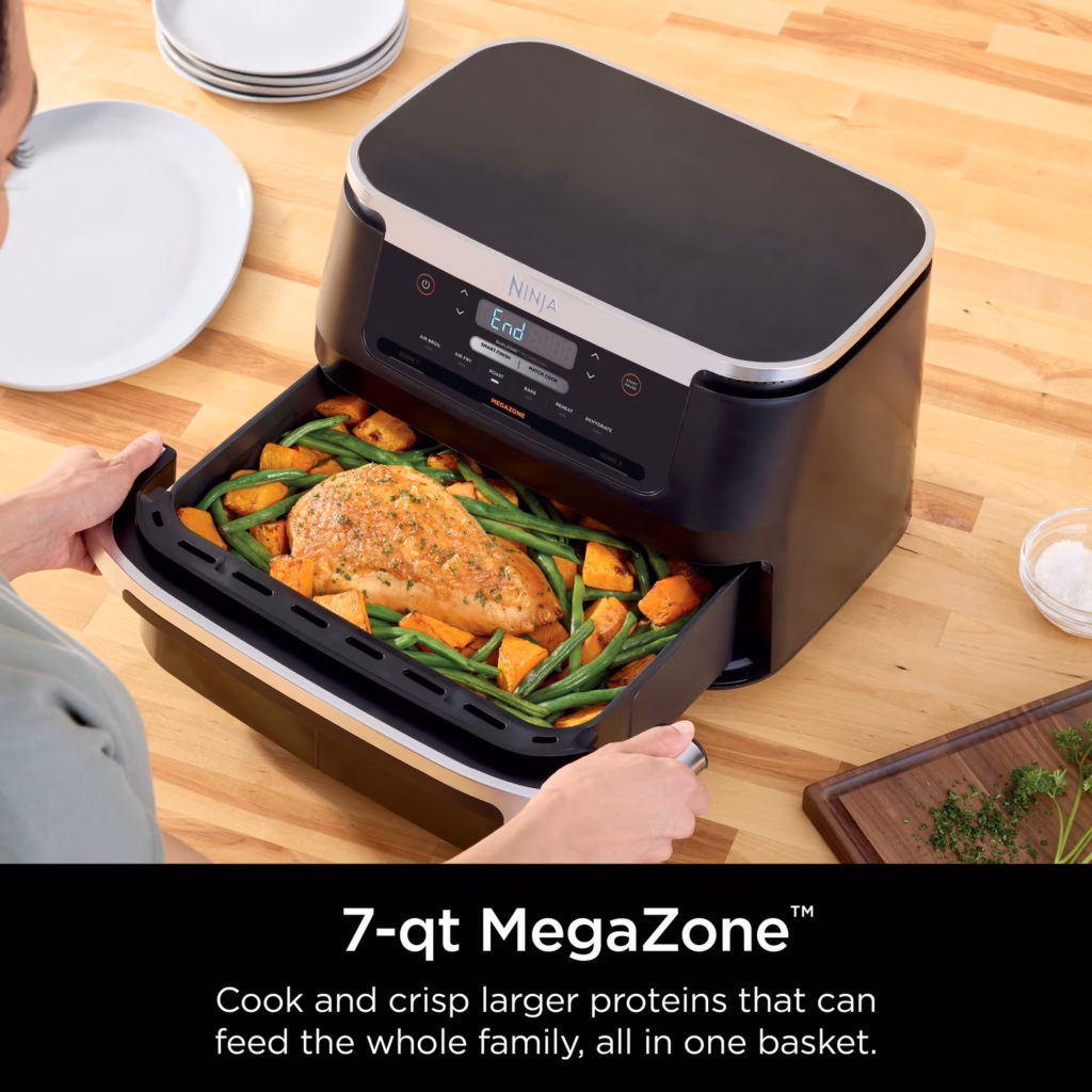 Ninja DZ071C 7 qt MegaZone cooking a whole chicken and green beans in one basket