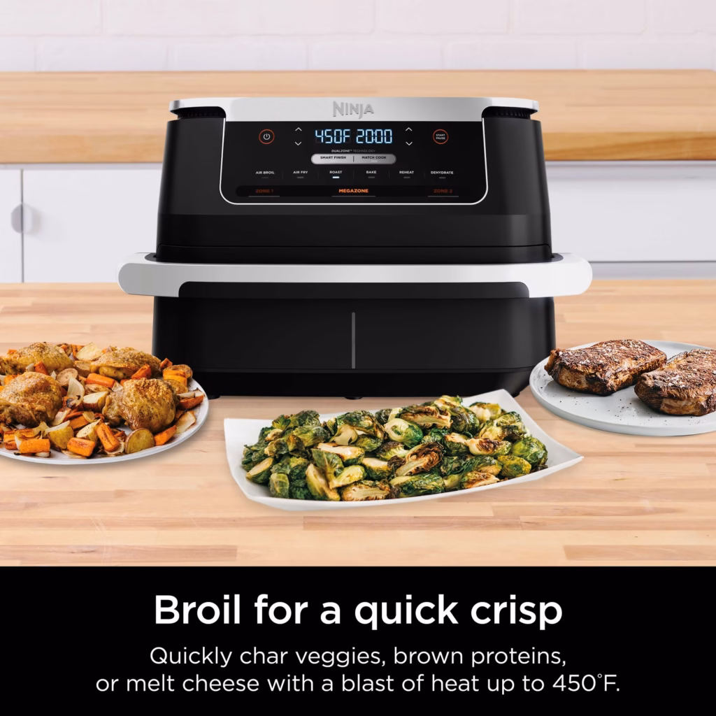 Ninja DZ071C air broil function charring vegetables and browning proteins