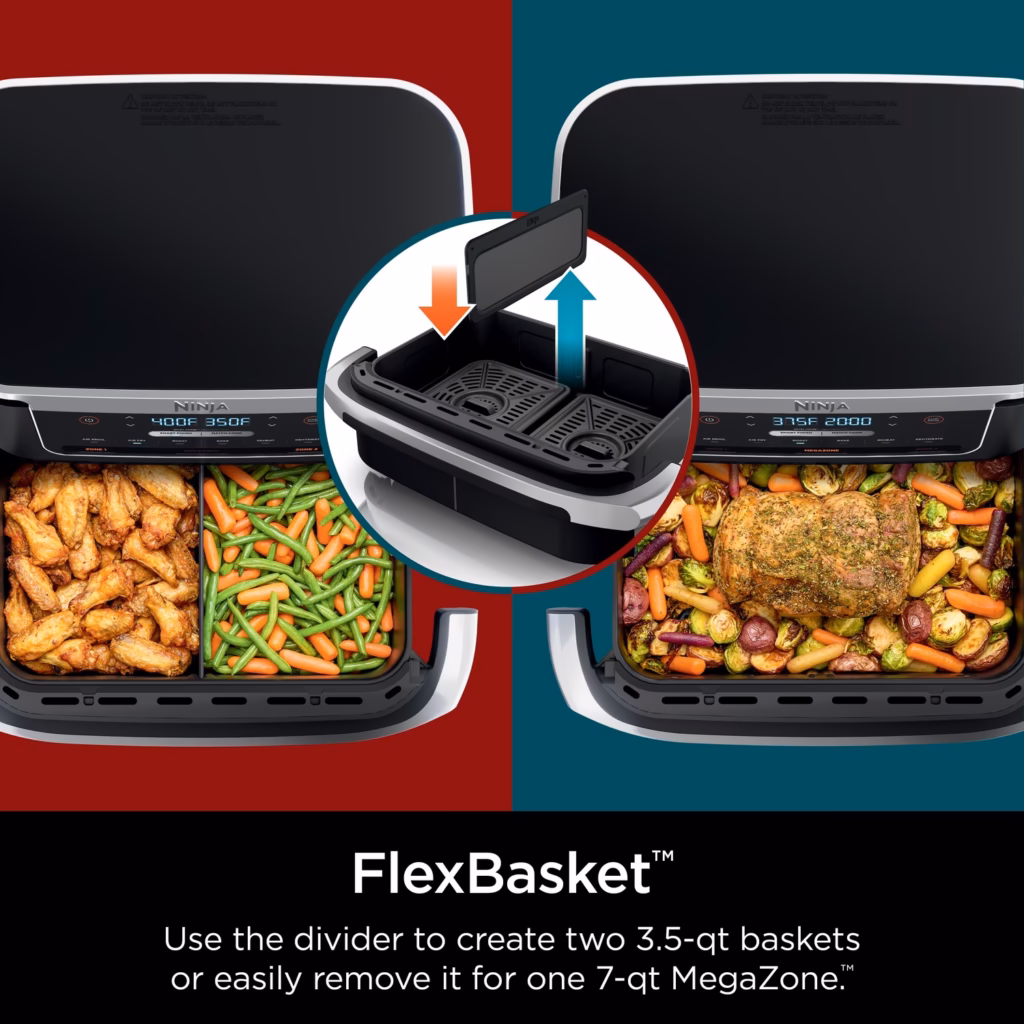 Ninja DZ071C FlexBasket divider inserted to create two 3.5 qt air fryer zones