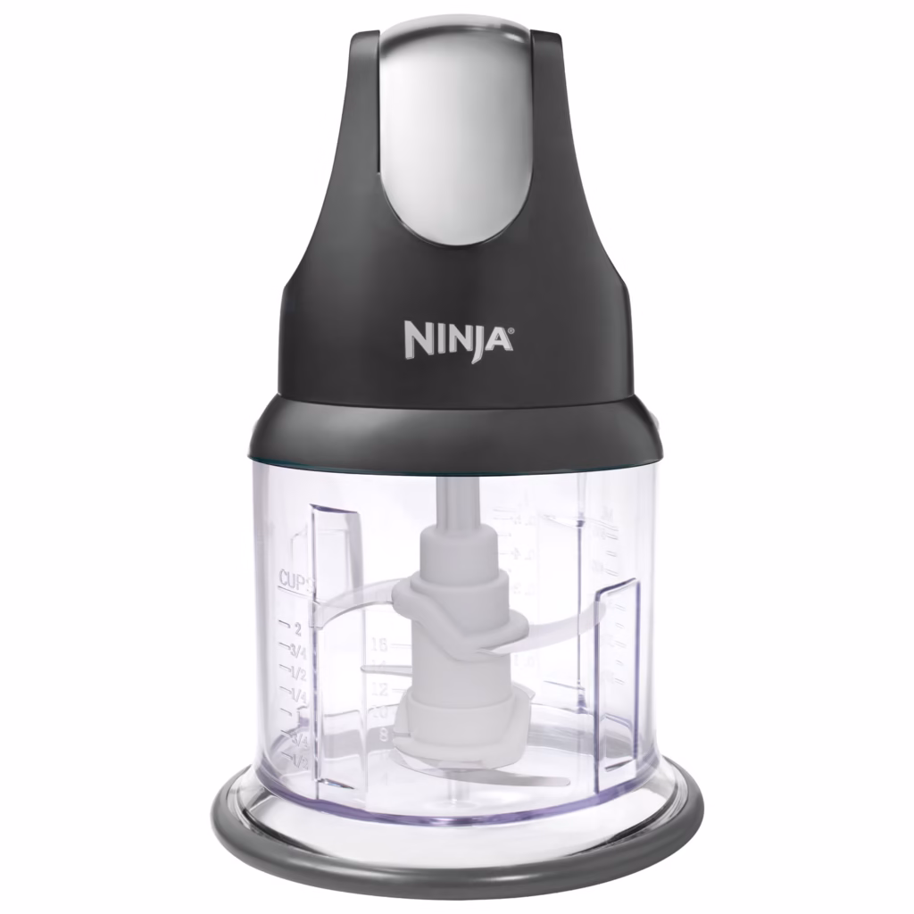 Ninja Express Chop NJ100C food chopper in black, front view with the 16 oz bowl and four-blade assembly