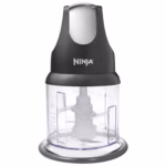 Ninja Express Chop NJ100C food chopper in black, front view with the 16 oz bowl and four-blade assembly