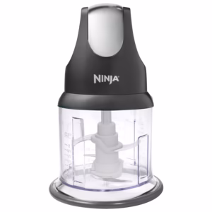 Ninja Express Chop NJ100C food chopper in black, front view with the 16 oz bowl and four-blade assembly