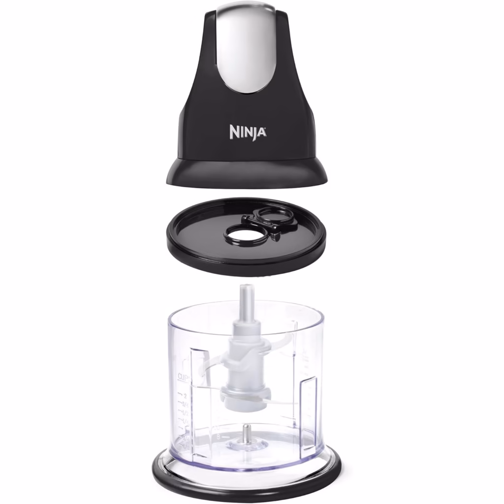 Ninja NJ100C Express Chop components separated: 200-watt Power Pod, splash guard storage lid and 16 oz bowl