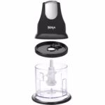 Ninja NJ100C Express Chop components separated: 200-watt Power Pod, splash guard storage lid and 16 oz bowl