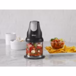 Ninja NJ100C Express Chop beside a bowl of salsa and tortilla chips on a kitchen counter