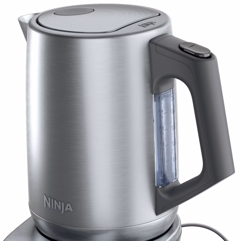 Ninja KT200C kettle handle and illuminated water window, close three-quarter view