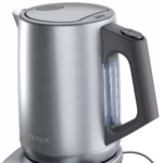 Ninja KT200C kettle handle and illuminated water window, close three-quarter view