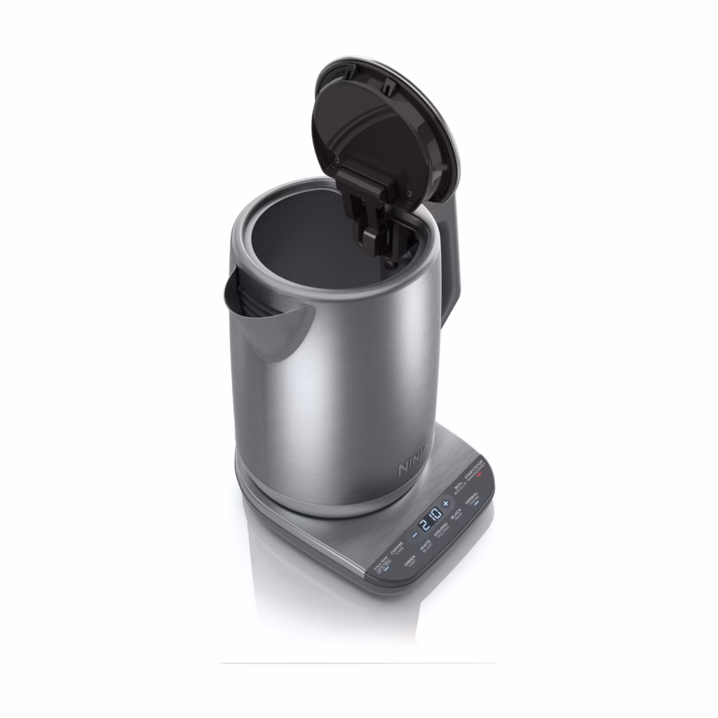 Ninja KT200C kettle with the wide lid open, three-quarter view