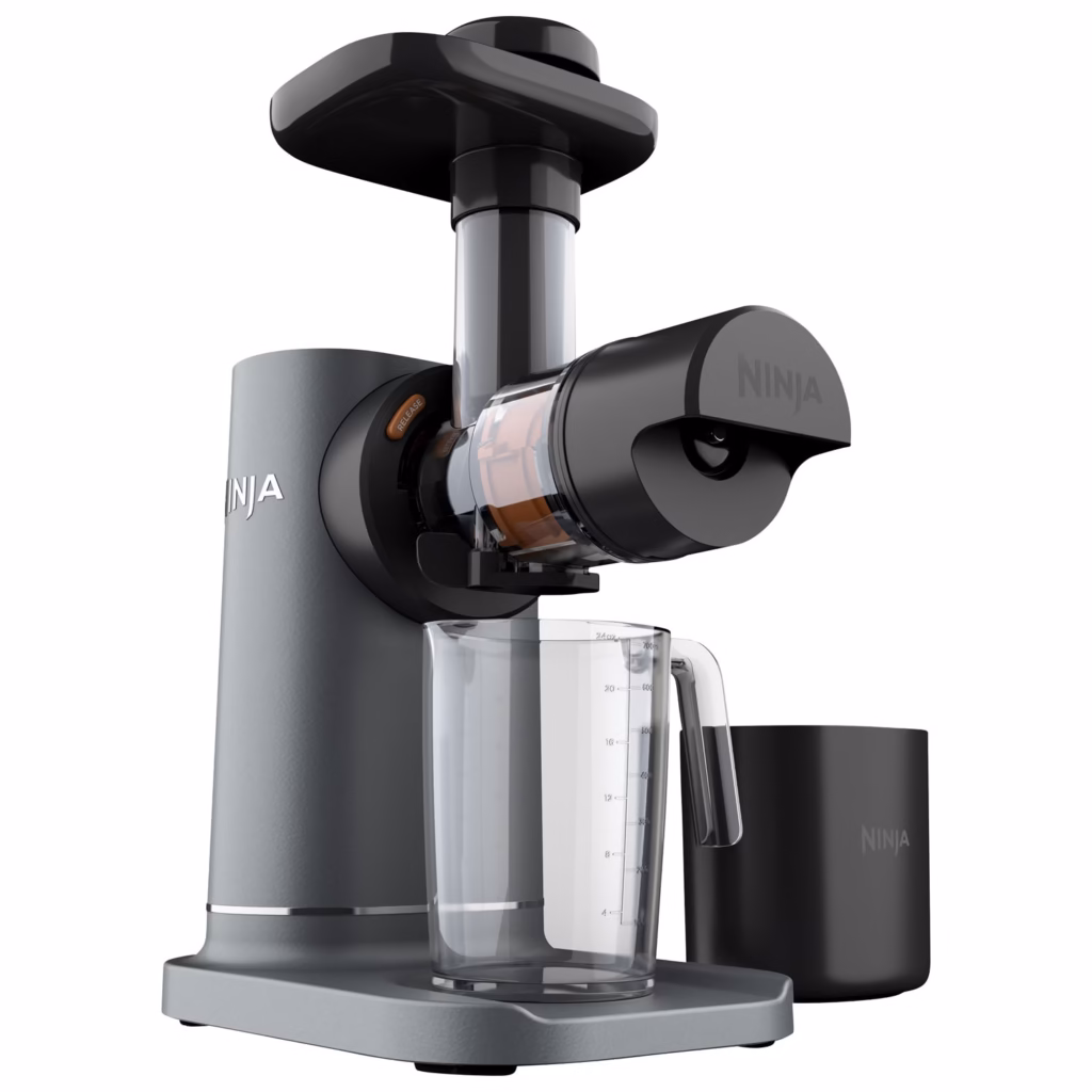 Ninja NeverClog Cold Press Juicer JC151C front view with empty 24 oz juice jug