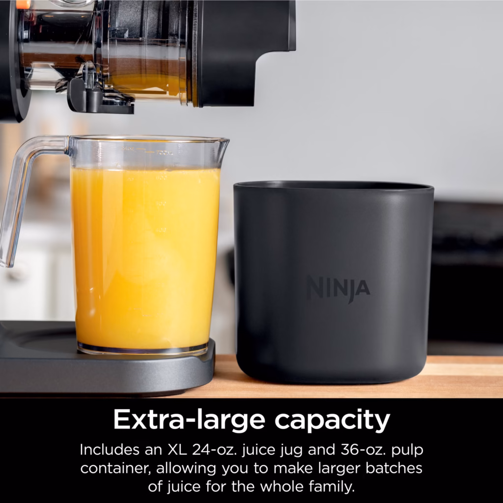 Ninja NeverClog Cold Press Juicer JC151C 24 oz juice jug and 36 oz pulp container