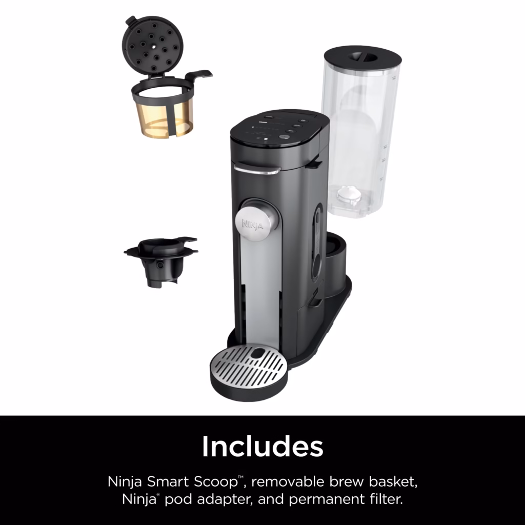 Ninja PB040C shown with its included pod adapter, permanent filter, brew basket and water reservoir