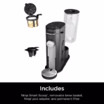 Ninja PB040C shown with its included pod adapter, permanent filter, brew basket and water reservoir