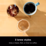 Ninja PB040C three brew styles shown overhead: classic coffee, rich coffee and coffee over ice