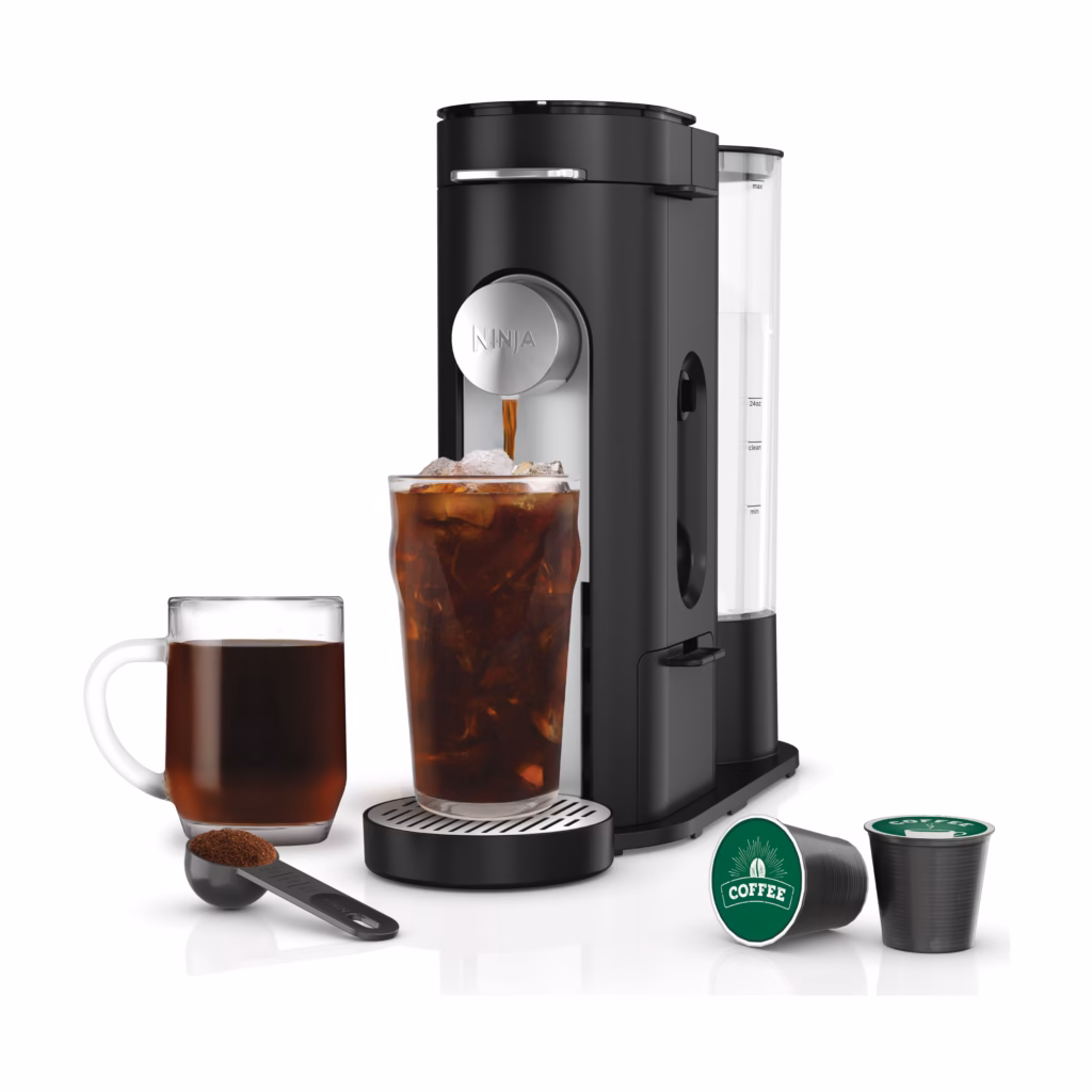 Ninja Pods and Grounds Coffee Maker PB040C in black, front view with a hot cup and an iced coffee