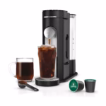 Ninja Pods and Grounds Coffee Maker PB040C in black, front view with a hot cup and an iced coffee