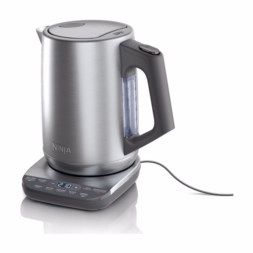 Ninja Precision Temperature Kettle KT200C stainless jug on its power base, front view