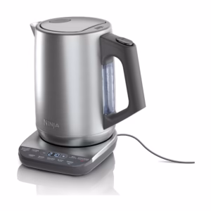 Ninja Precision Temperature Kettle KT200C stainless jug on its power base, front view