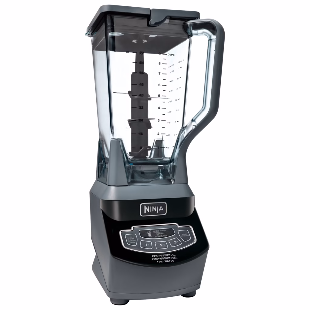 Ninja BL661BBYC blender front view with the empty 72 oz Total Crushing pitcher on the 1100-watt motor base