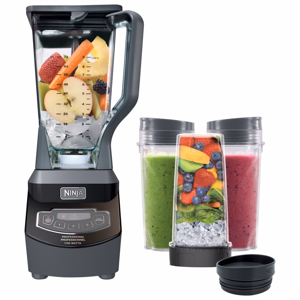 Ninja BL661BBYC blender with the 72 oz pitcher of whole fruit and three Nutri Ninja cups of blended smoothie