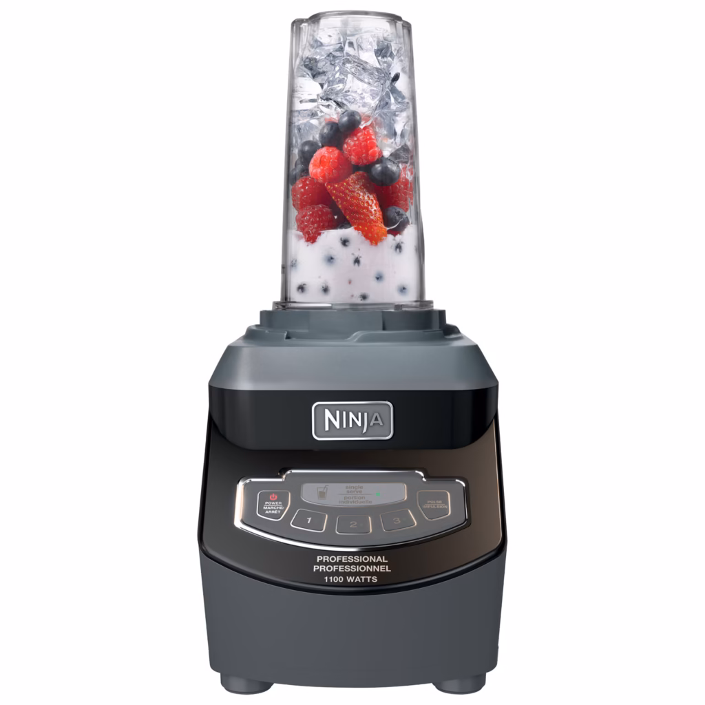 Ninja BL661BBYC 16 oz Nutri Ninja cup filled with berries and ice on the blender motor base