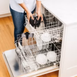 Ninja BN701C pitcher, lid and stacked blade assembly loaded in a dishwasher rack