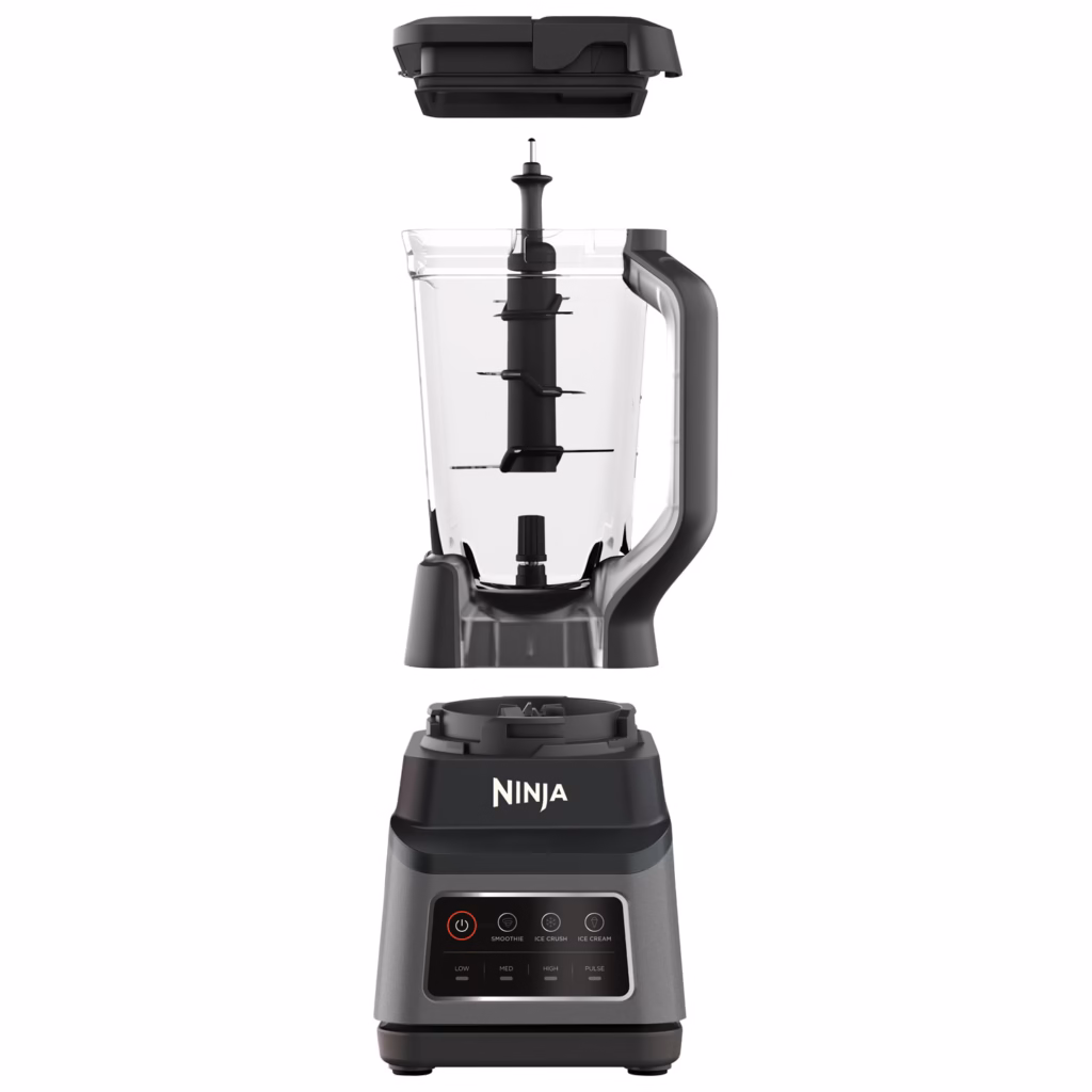 Ninja BN701C lid, 72 oz pitcher with stacked blade assembly and 1400-watt motor base separated