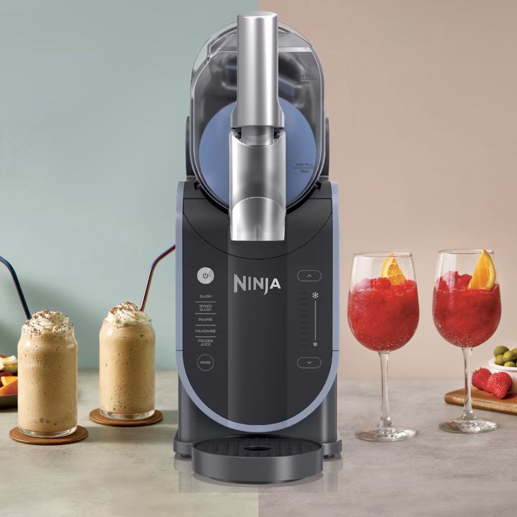 Ninja FS301C control panel with the five program keys, beside finished frappes and frozen wine