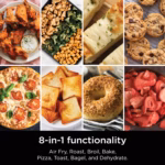 Ninja SP151C 8-in-1 functions shown as wings, roasted vegetables, bread, cookies, pizza, toast, bagel and dried fruit