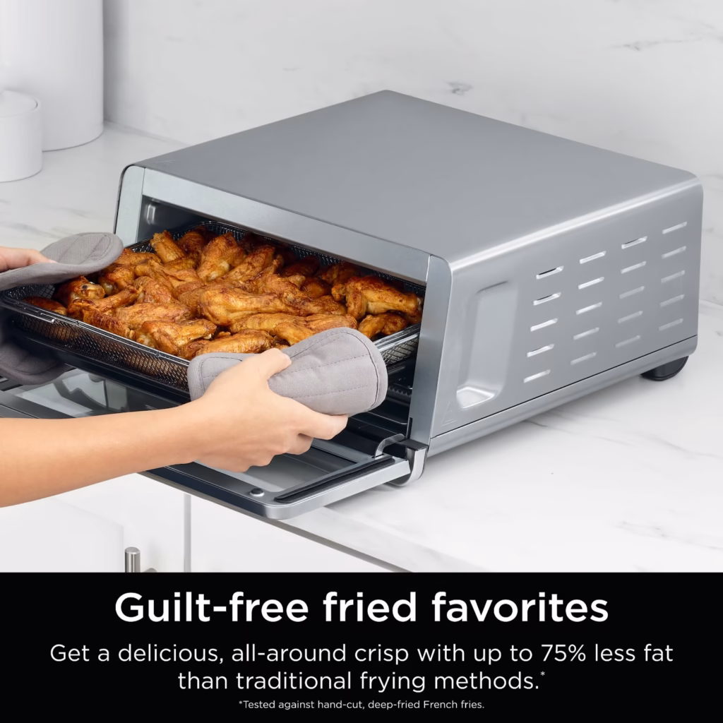 Ninja SP151C air frying a basket of chicken wings for lower fat results