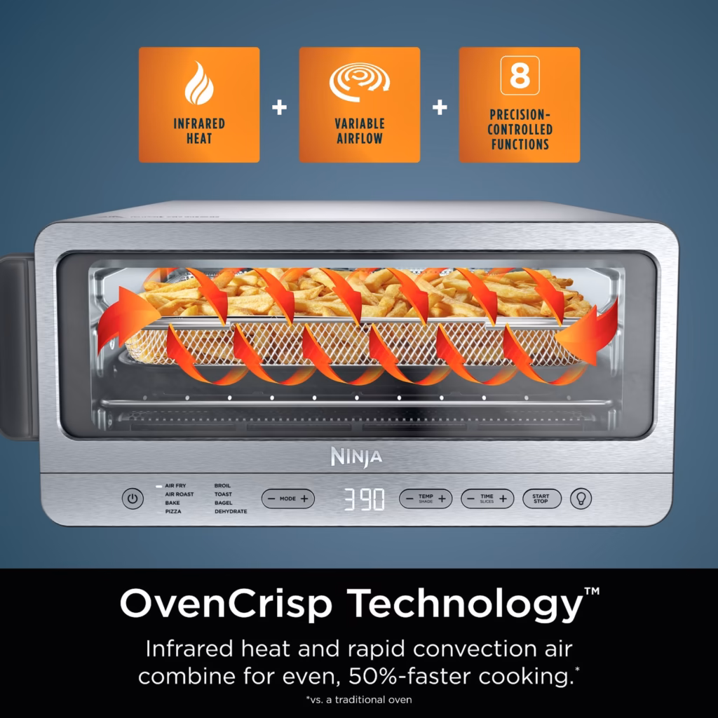 Ninja SP151C OvenCrisp Technology diagram showing infrared heat and circulating air over the air fry basket