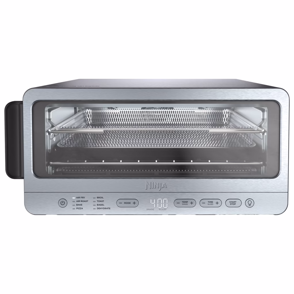 Ninja SP151C toaster oven front view with the air fry basket and wire rack in the empty cavity