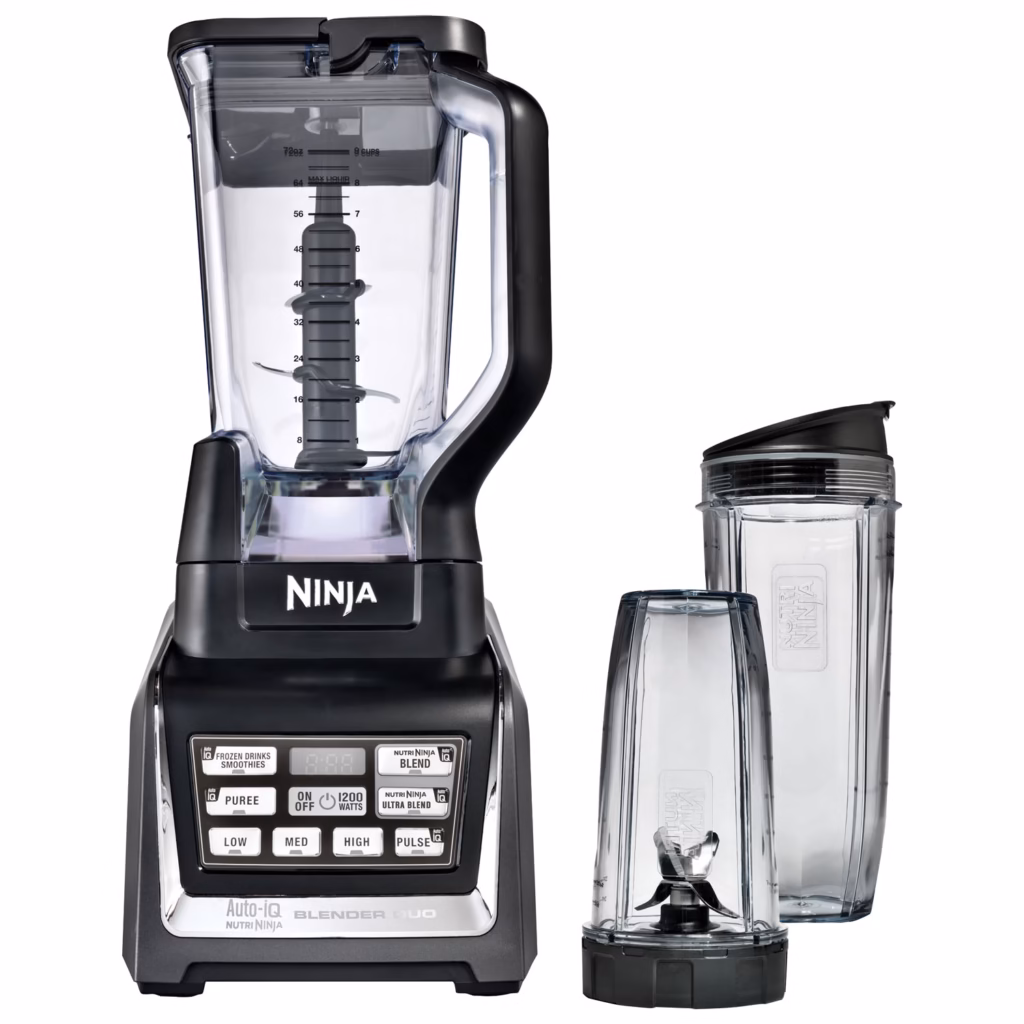 Nutri Ninja Blender Duo BL641C 1300W blender in black with 72 oz pitcher and to-go cup, front view