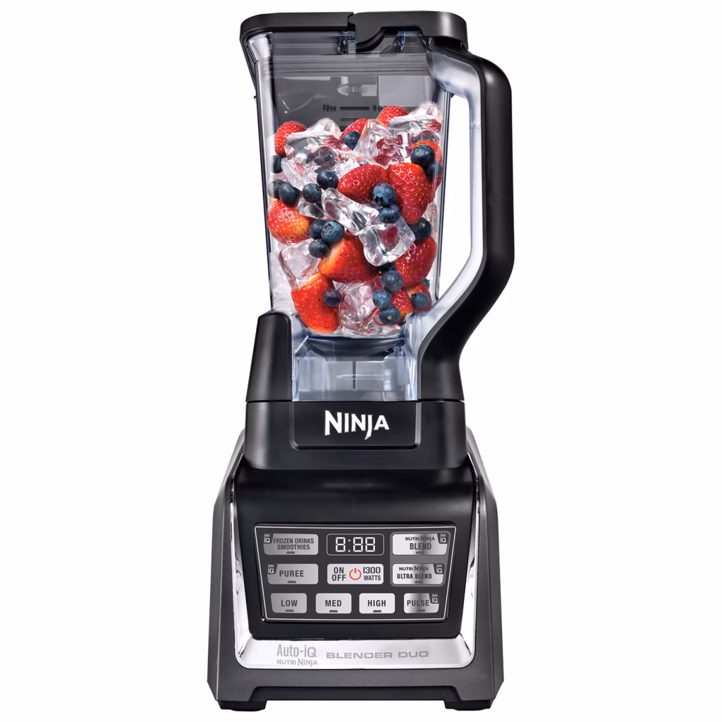 Nutri Ninja Duo BL641C 72 oz Total Crushing pitcher filled with strawberries, blueberries and ice