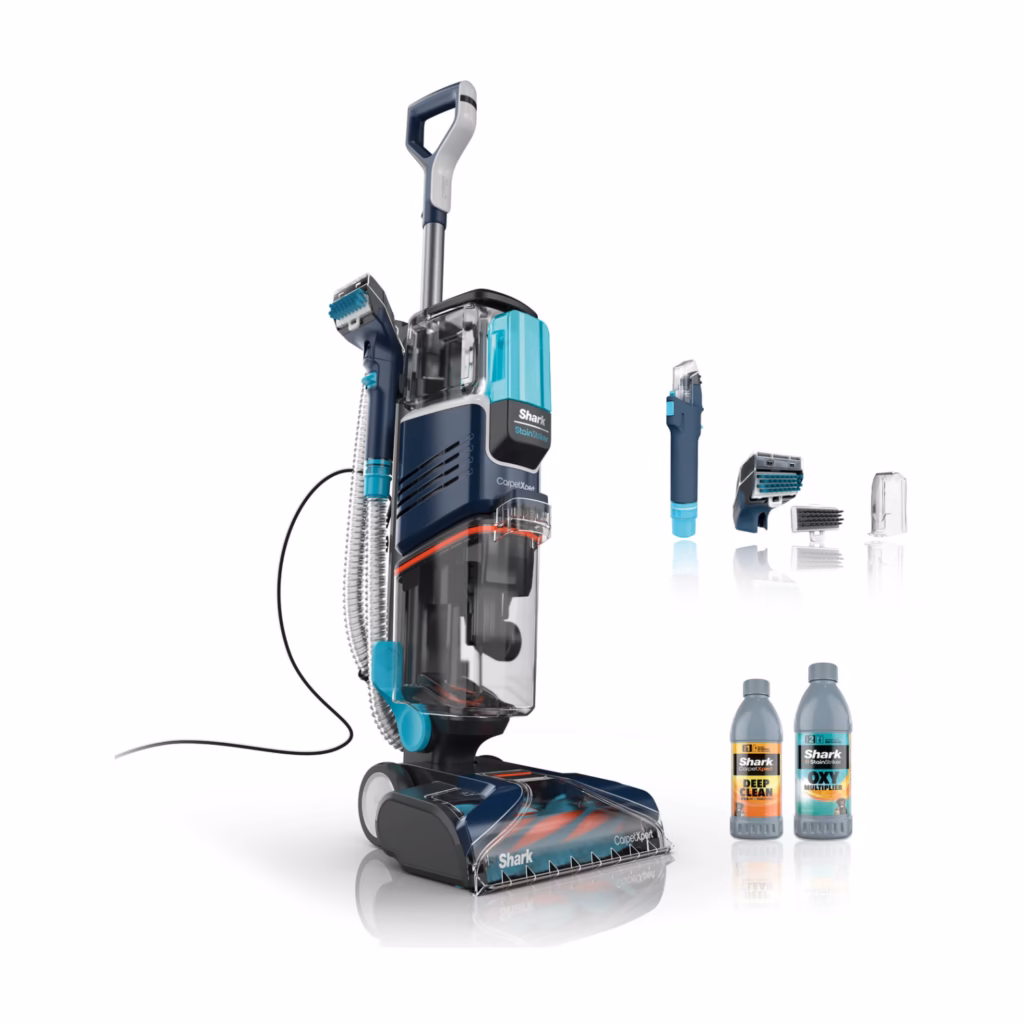 Shark CarpetXpert Carpet Cleaner EX200C in navy with its handheld tool, crevice tool, hose-cleaning tool and both cleaning formulas