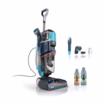 Shark CarpetXpert Carpet Cleaner EX200C in navy with its handheld tool, crevice tool, hose-cleaning tool and both cleaning formulas