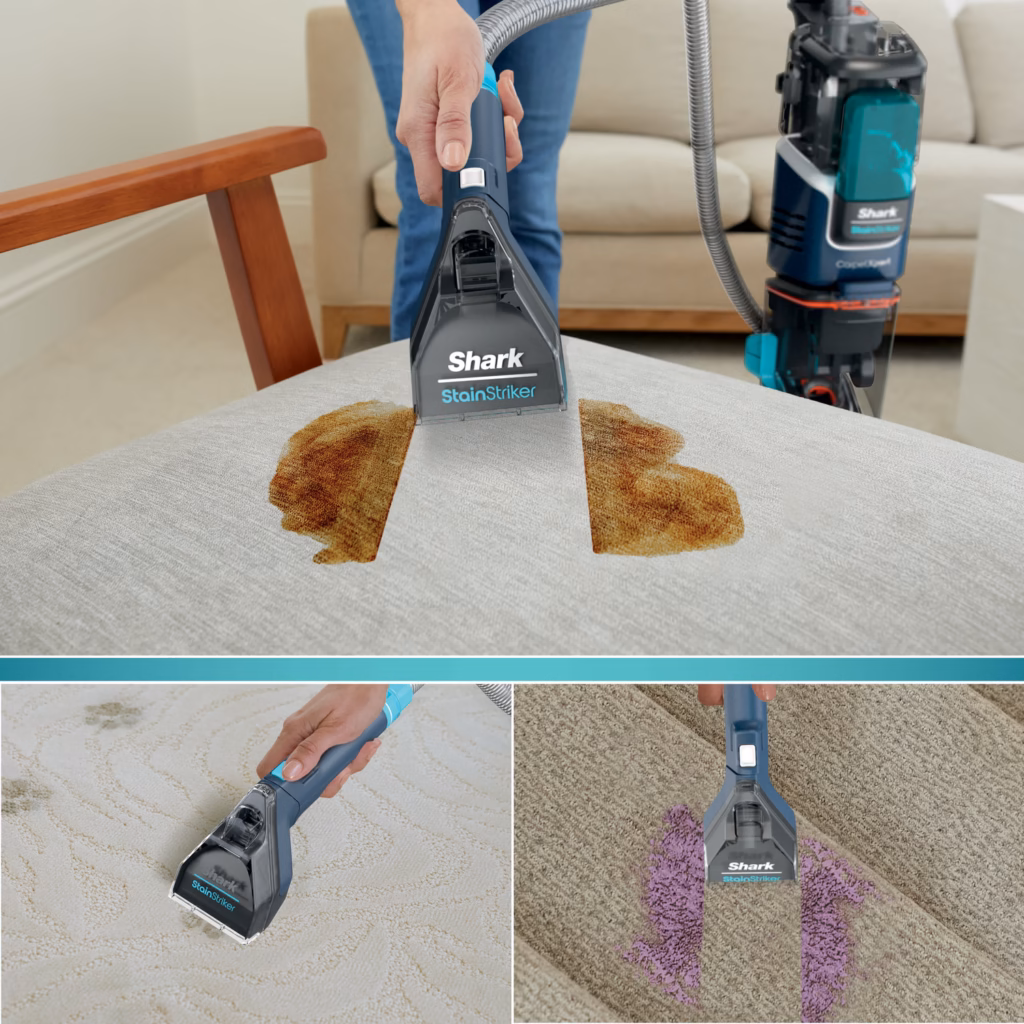 Shark CarpetXpert EX200C handheld stain remover cleaning a stain on upholstery with the hose extended