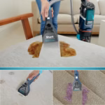 Shark CarpetXpert EX200C handheld stain remover cleaning a stain on upholstery with the hose extended