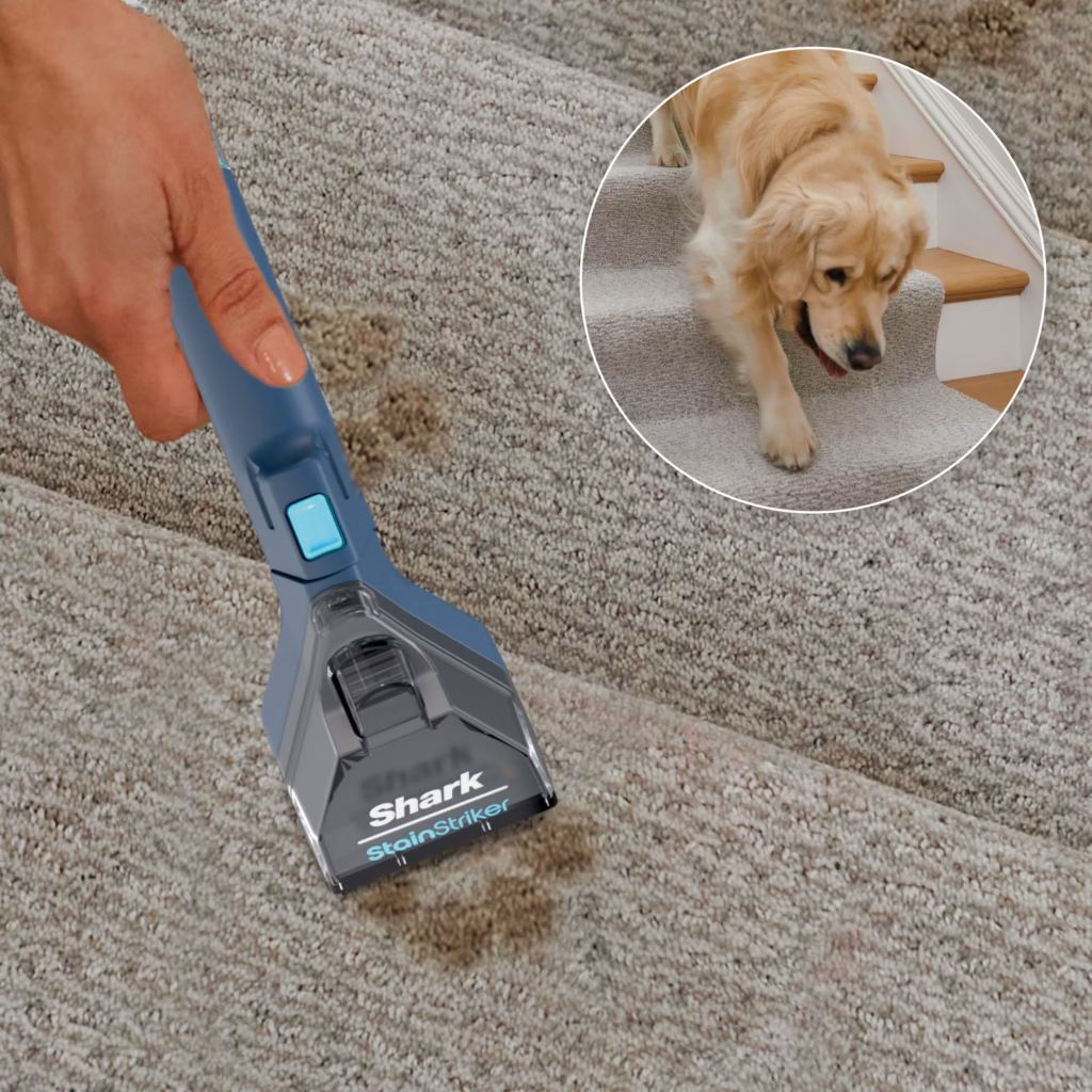 Shark CarpetXpert EX200C handheld removing a pet stain from a carpeted staircase