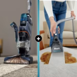 Shark CarpetXpert EX200C upright deep cleaner beside its built-in handheld spot and stain remover in use on a couch
