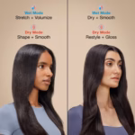 Four Shark Glossi styling results across Wet Mode and Dry Mode on different hair
