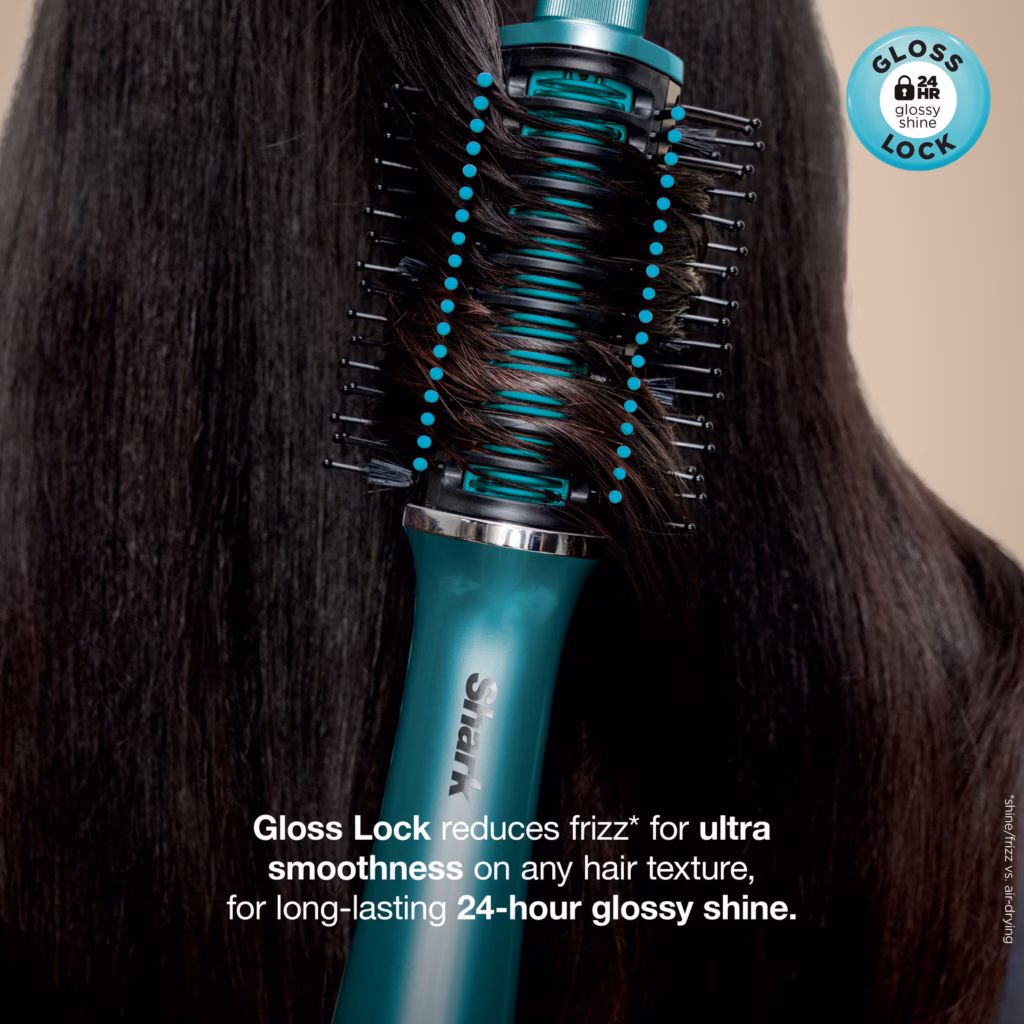 Close-up of the Shark Glossi brush head with 24 hour Gloss Lock shine callout