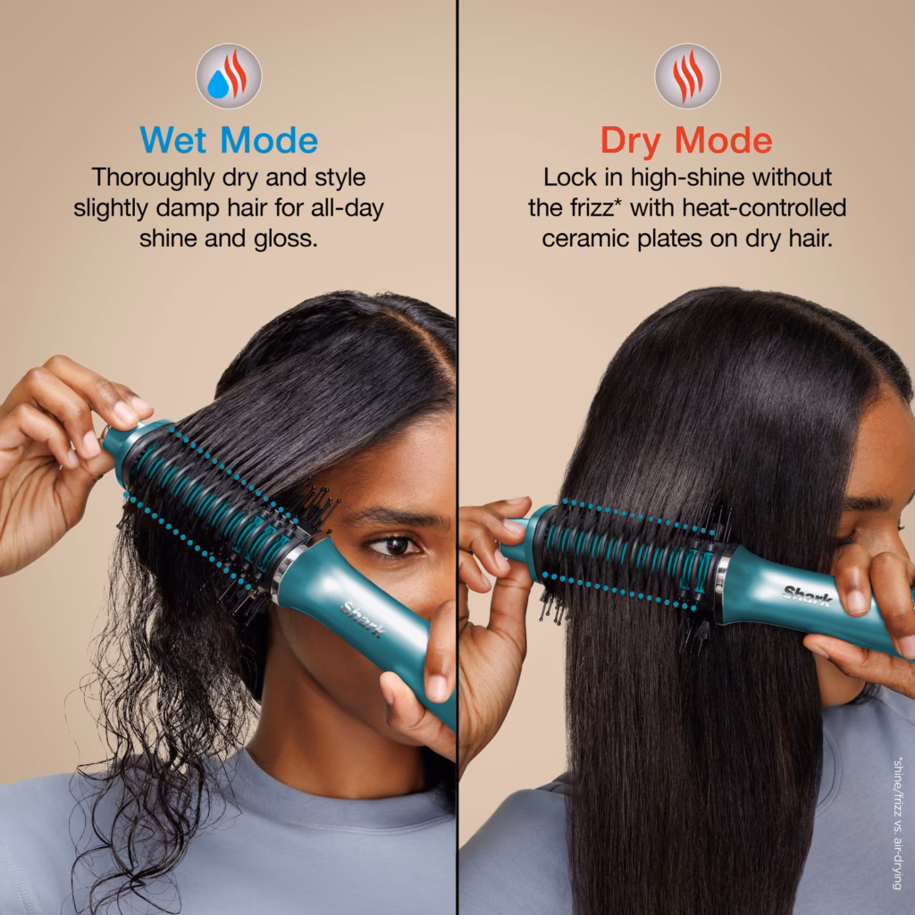 Shark Glossi Wet Mode and Dry Mode compared side by side on damp and dry hair
