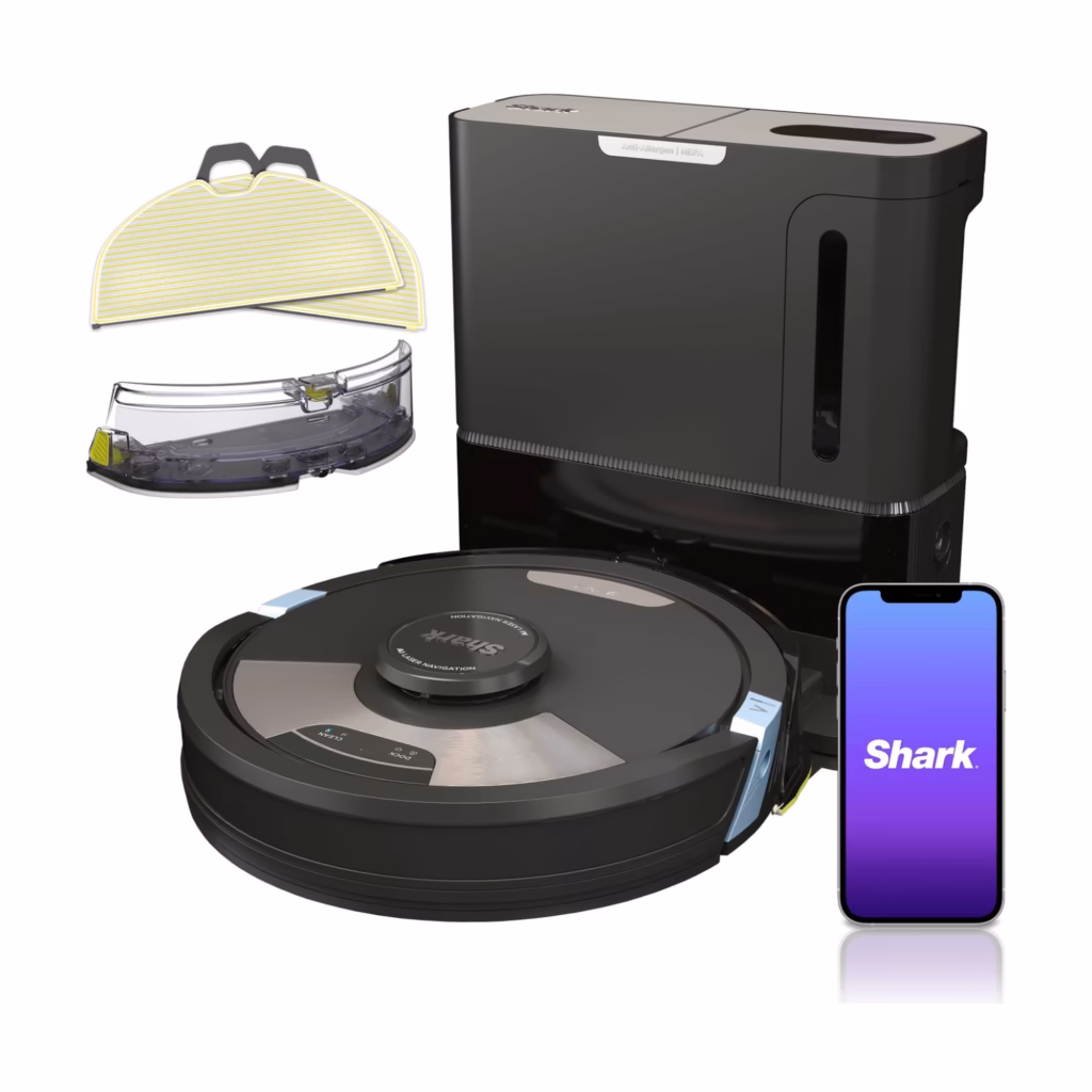 Shark Matrix Plus Robot Vacuum RV2610WACA with its XL self-empty base, mop pads and the SharkClean app