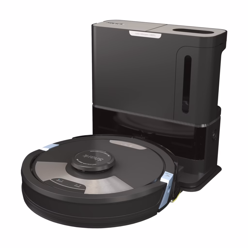Shark Matrix Plus RV2610WACA robot vacuum docked on its bagless XL self-empty base