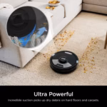 Shark Matrix Plus RV2610WACA picking up dry debris from a carpet beside a sofa