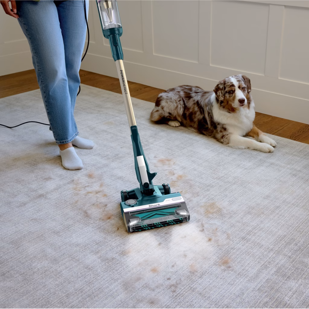 Shark PowerDetect HZ4000C vacuuming an area rug beside a dog