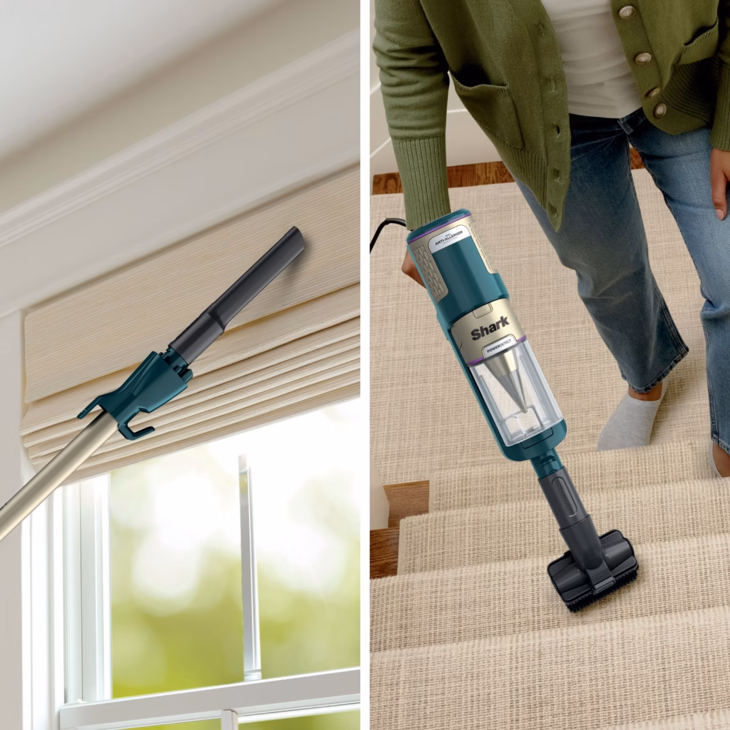 Shark PowerDetect HZ4000C crevice tool on window blinds and the stick vacuum on carpeted stairs