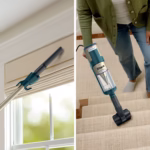 Shark PowerDetect HZ4000C crevice tool on window blinds and the stick vacuum on carpeted stairs